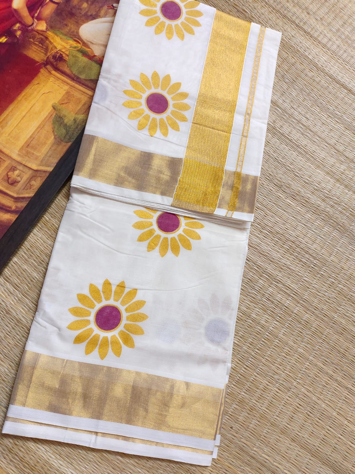 Premium printed kerala cotton saree - yellow flower