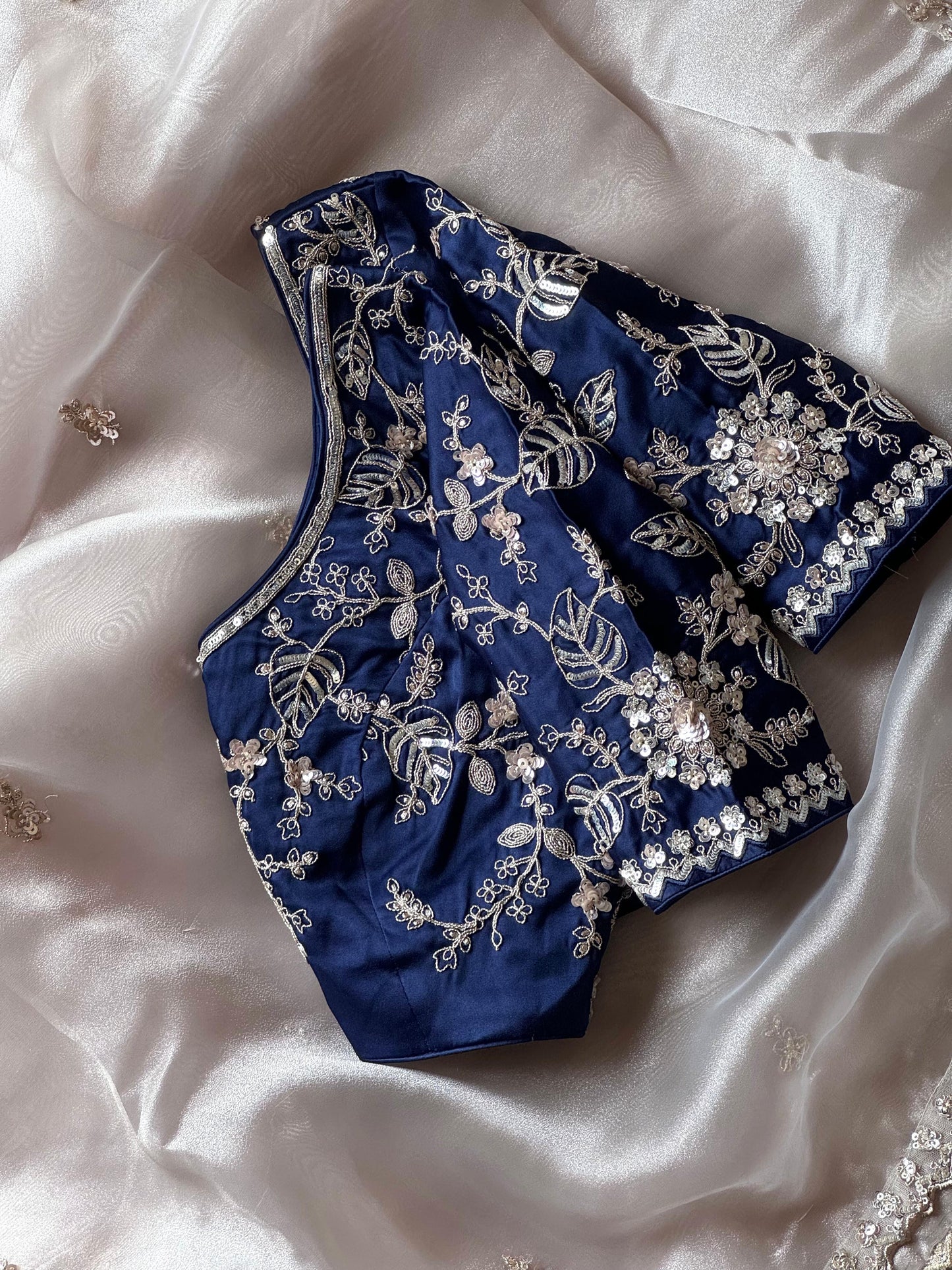 Organza handwork saree - Navy blue blouse