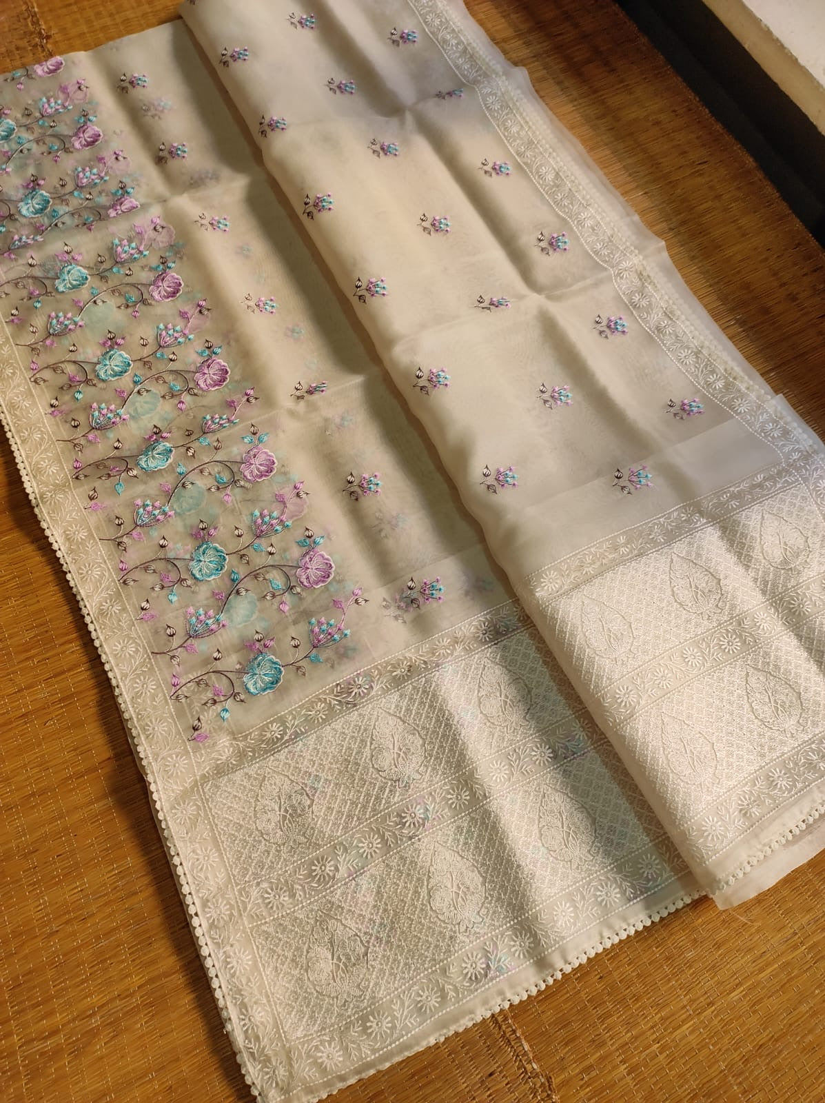Pure organza silk saree with minakari embroidery