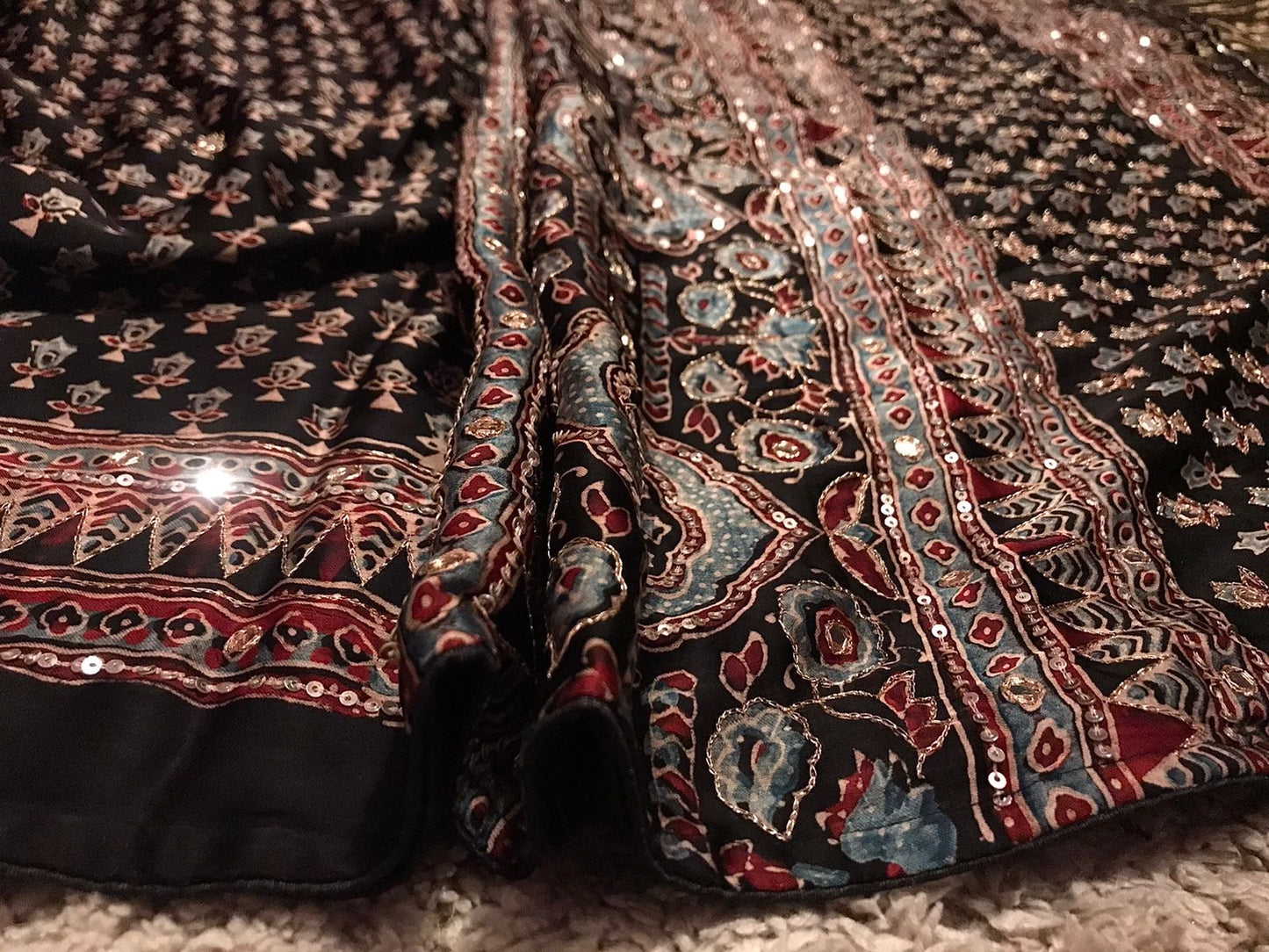 Pure Handblock ajrakh print mirror work modal silk saree (Prebooking 35 days)