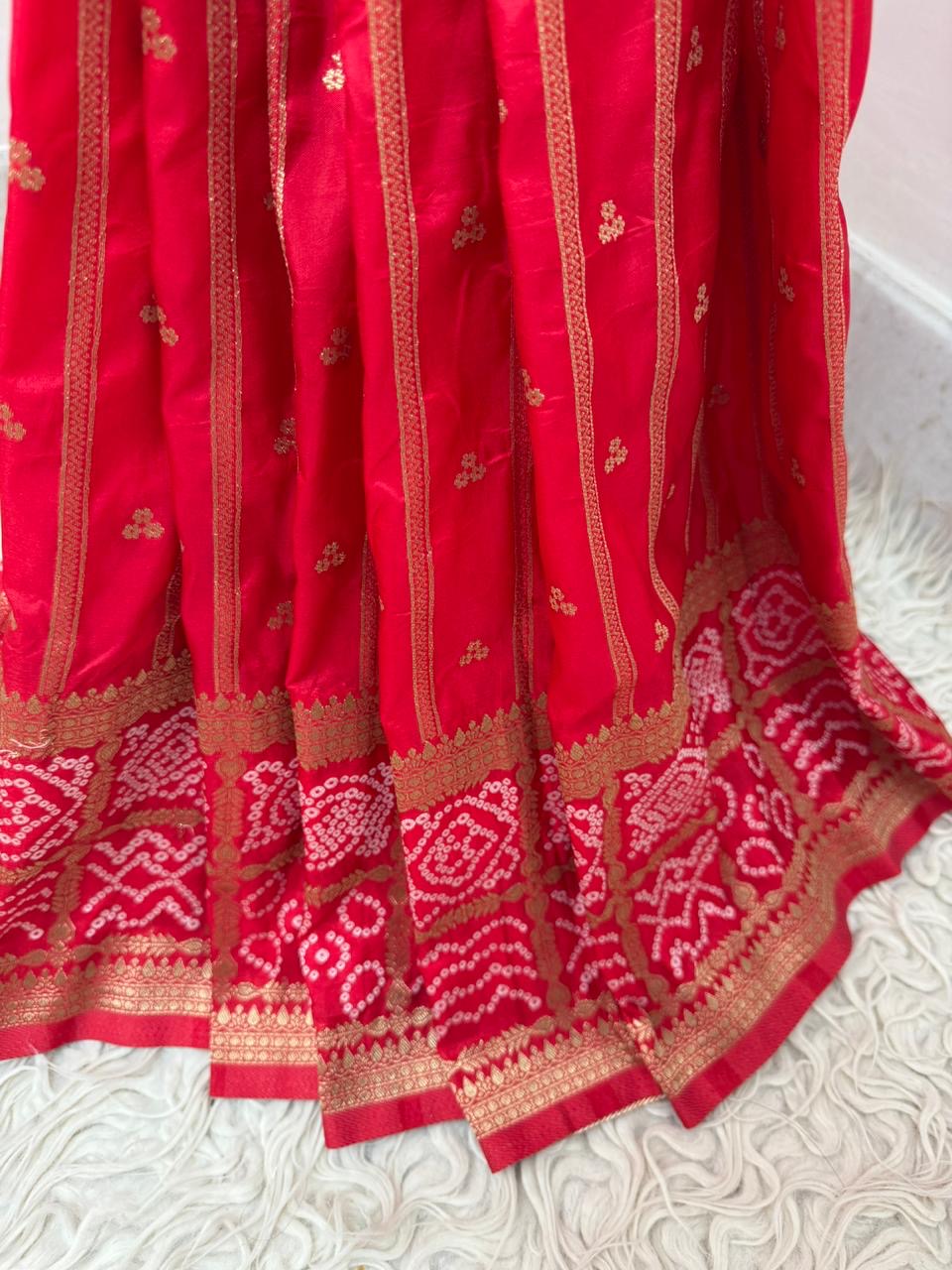 Banarasi semi Katan georgette saree with bandhini prints