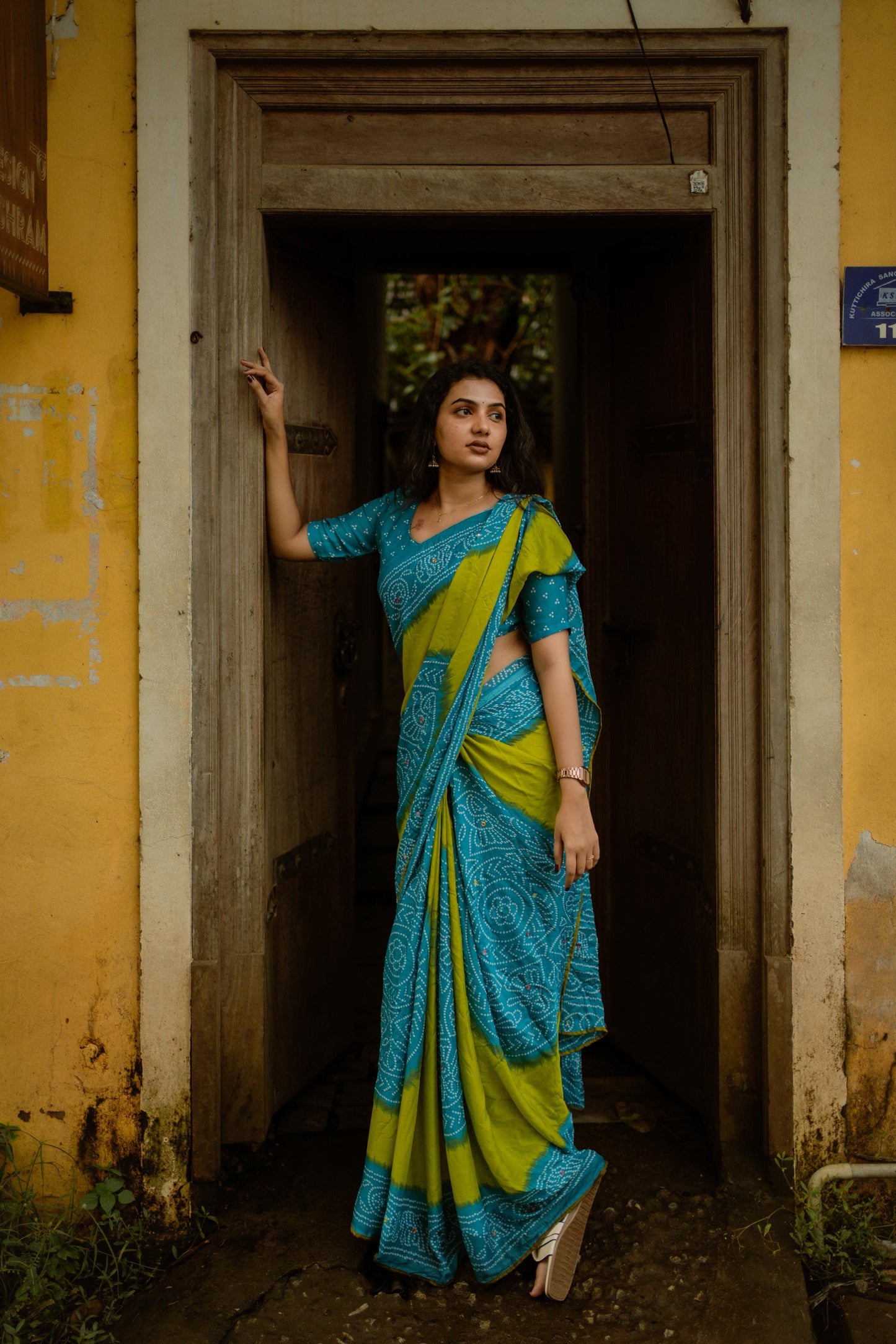 Moss bandhini printed saree with mirror work