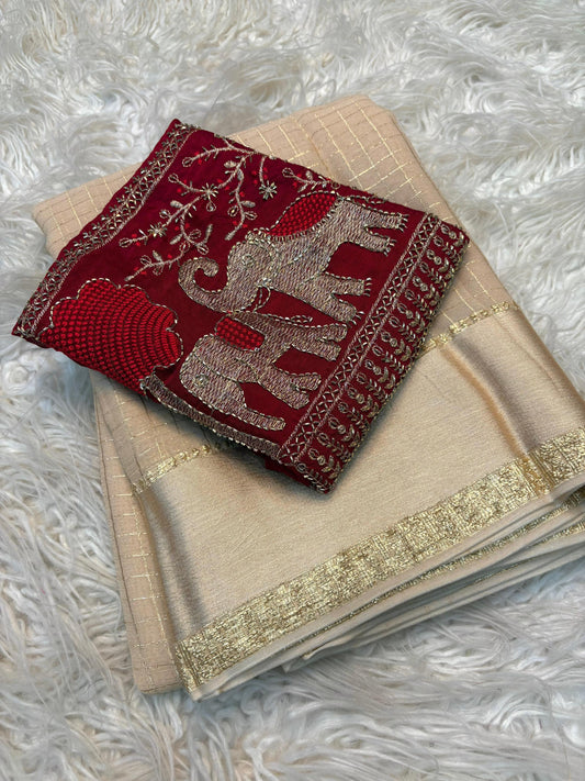 Beautiful viscous georgette checks saree in beige and red elephant blouse