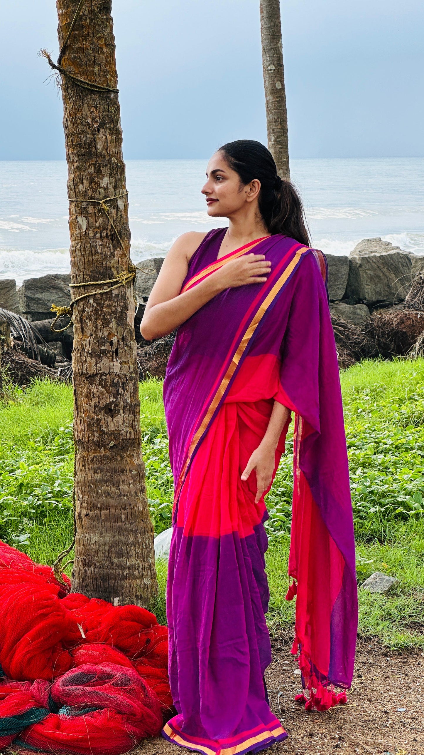 Pure mul cotton saree half pink purple