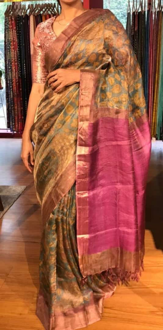 Beautiful soft tussar tissue printed silk saree (Prebooking)