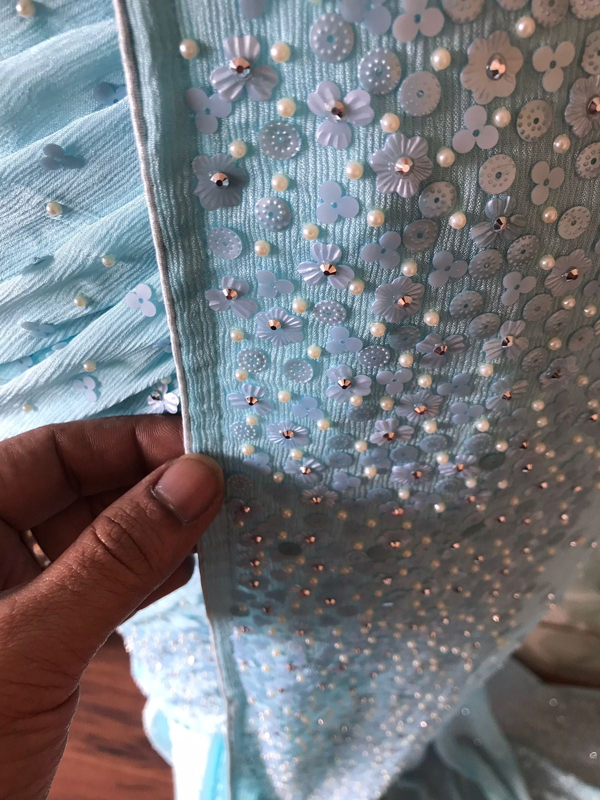 Pure Chinnon Silk saree with pearl sequins handwork