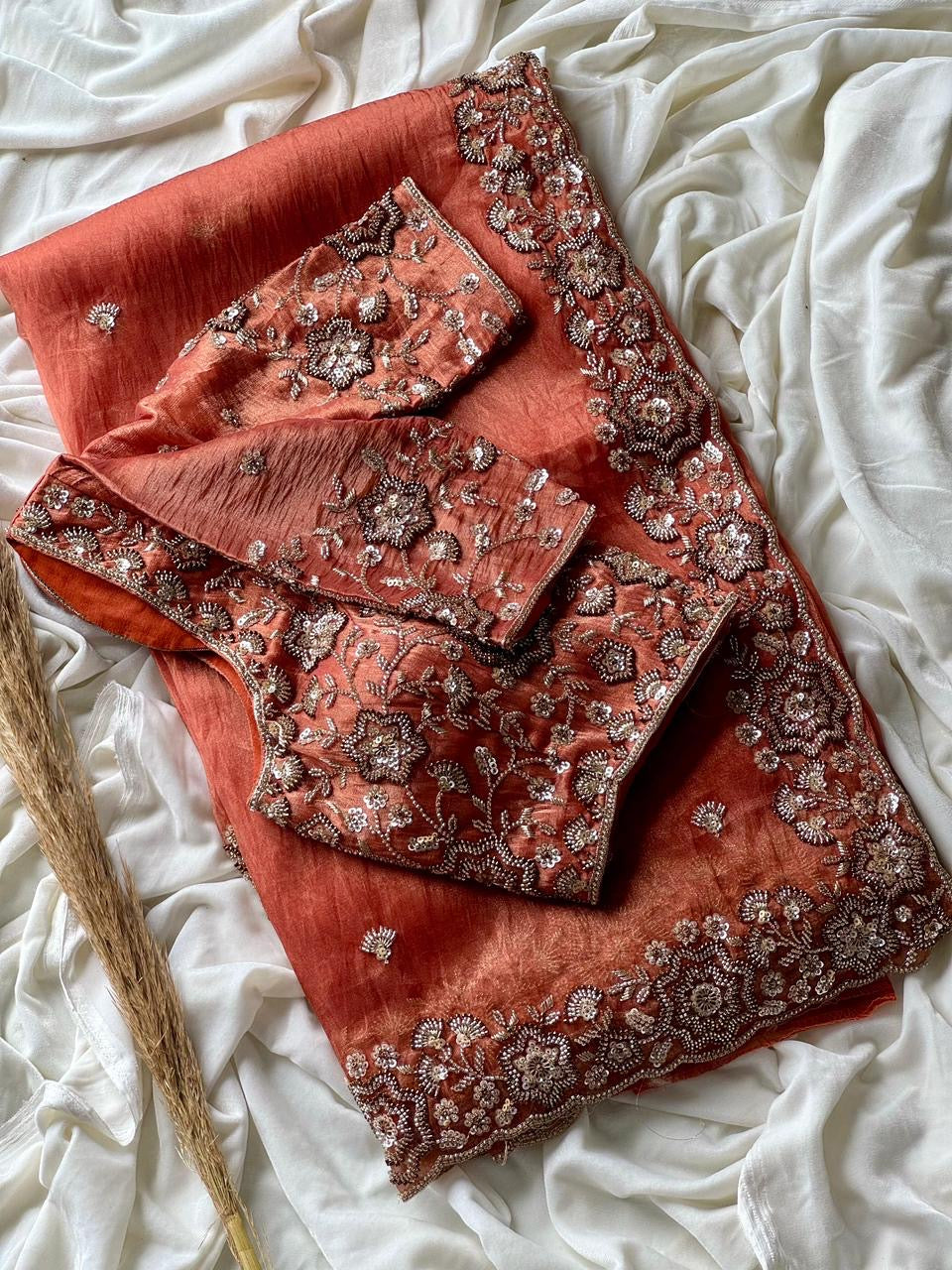 Beautiful soft organza crepe silk saree with handwork (Prebooking)