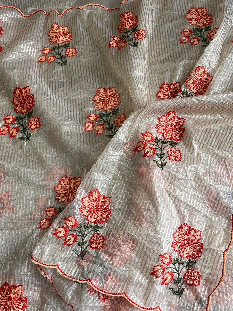 Premium kora organza saree with cross stitched embroidery and stripes