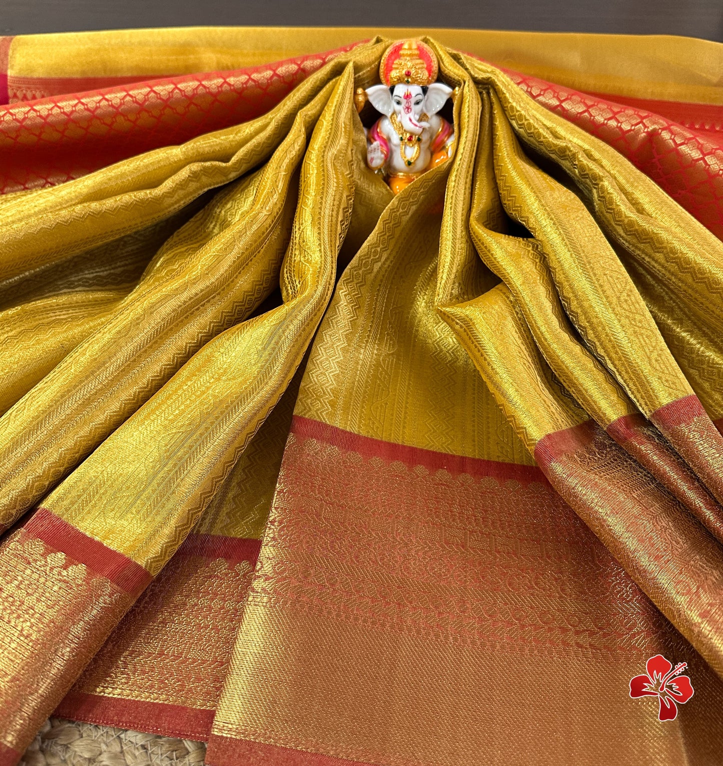 Banarasi tissue kanchi style yellow saree with contrast red border