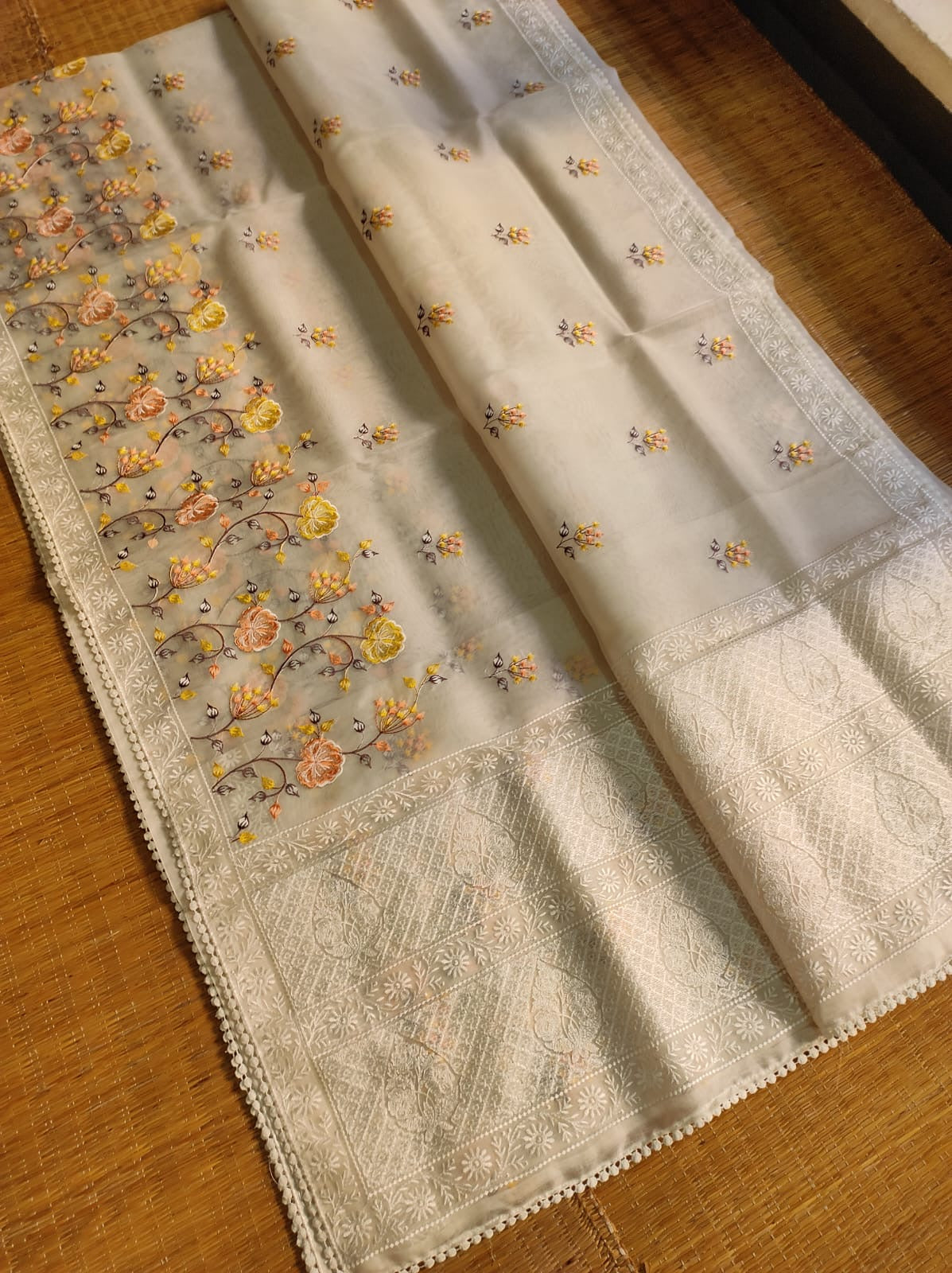 Pure organza silk saree with minakari embroidery