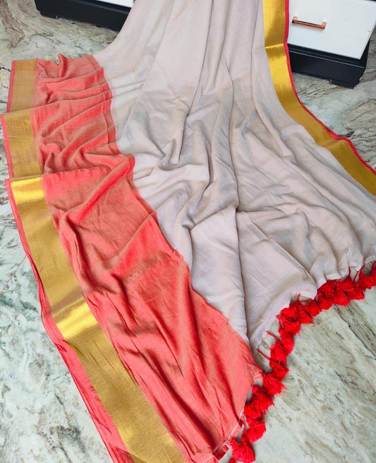 Pure mul cotton saree Big orange border