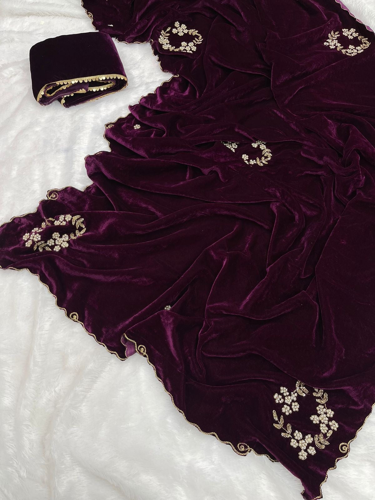 Beautiful heavy velvet saree with handwork