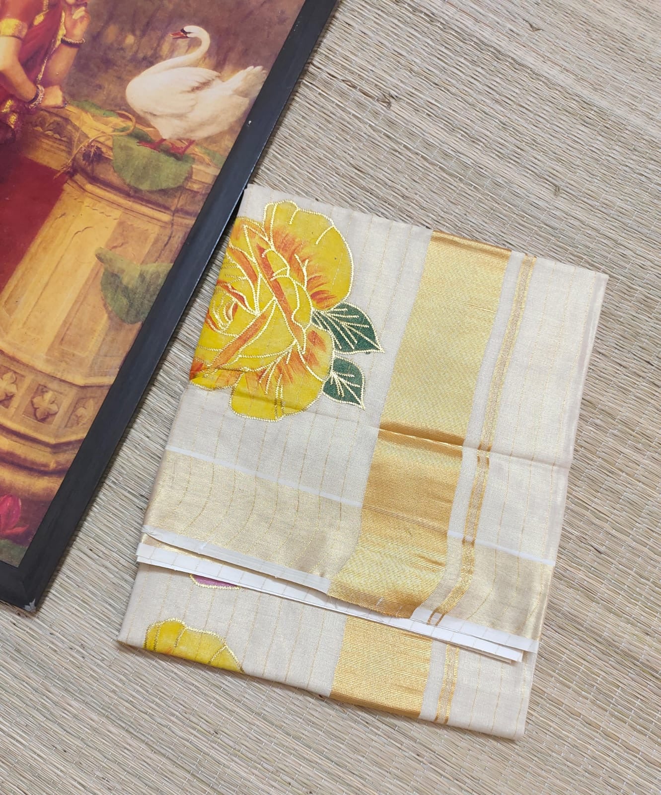 Premium Tissue Striped Saree with Rose Embroidery