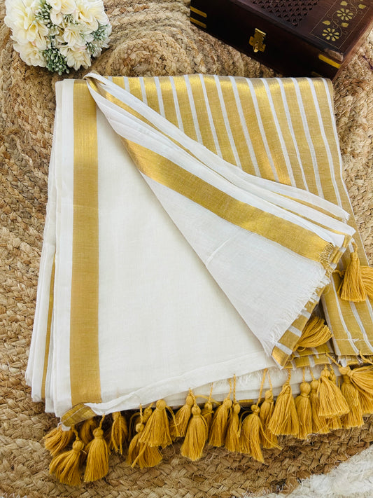 Pure and authentic mul cotton saree with broad gold zari line border on one side and small border on other side