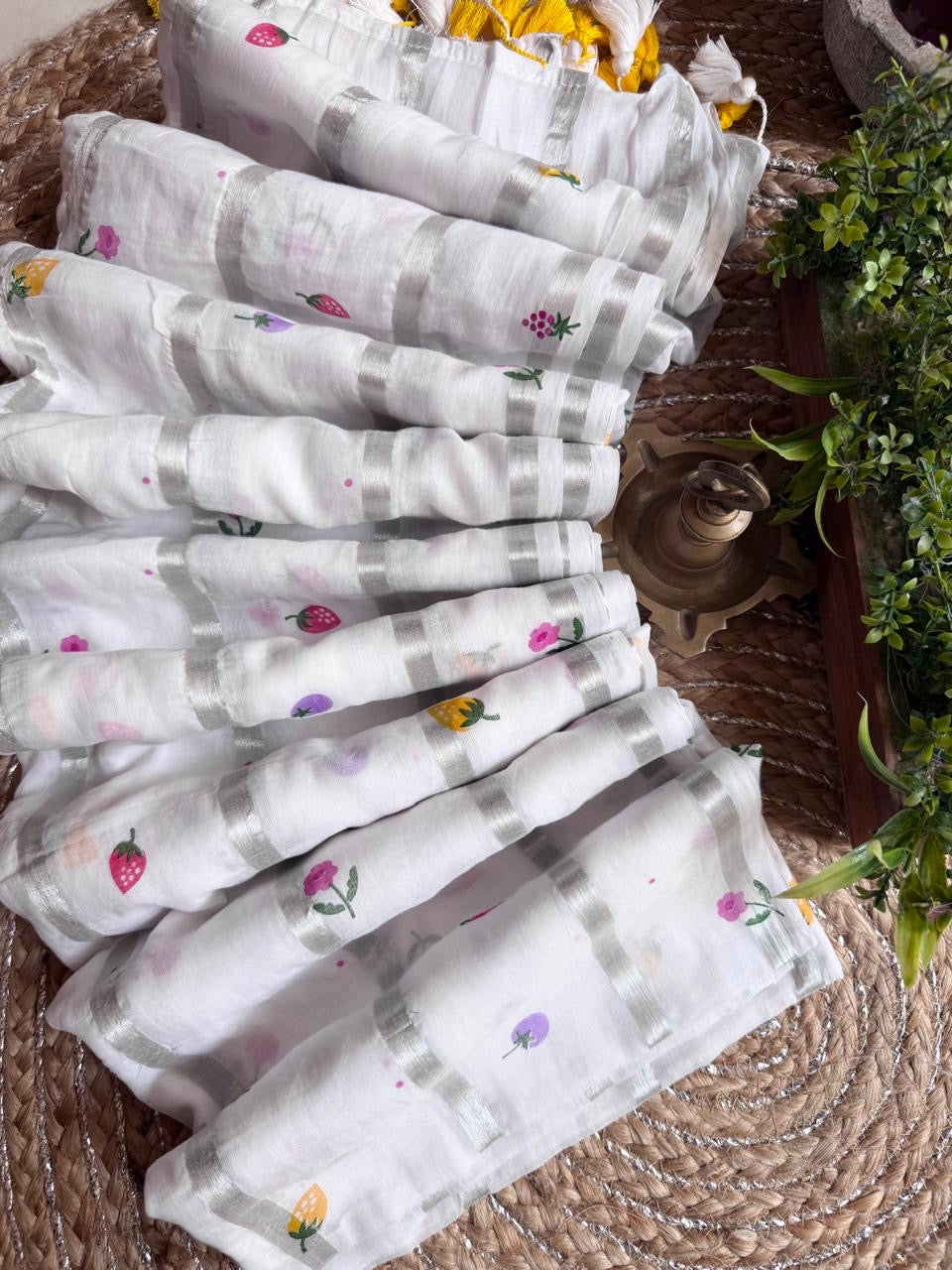Pure mul cotton saree with cute prints and silver zari stripes