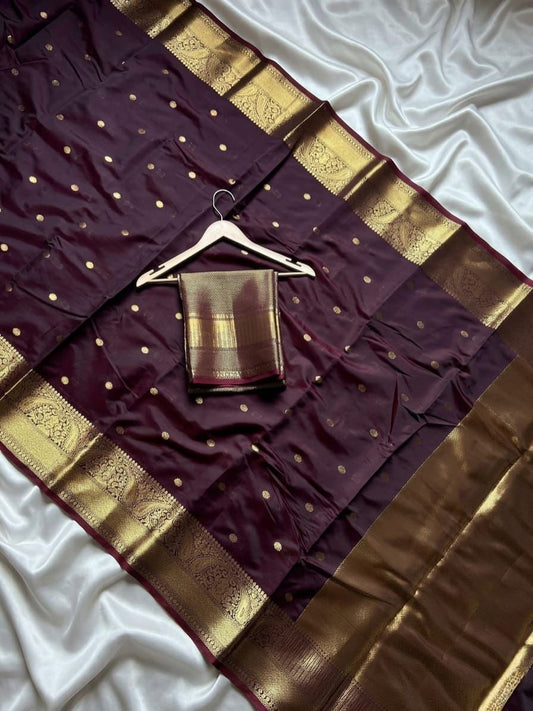Beautiful semi katan Banarasi silk saree with buttis all over and zari pallu and blouse