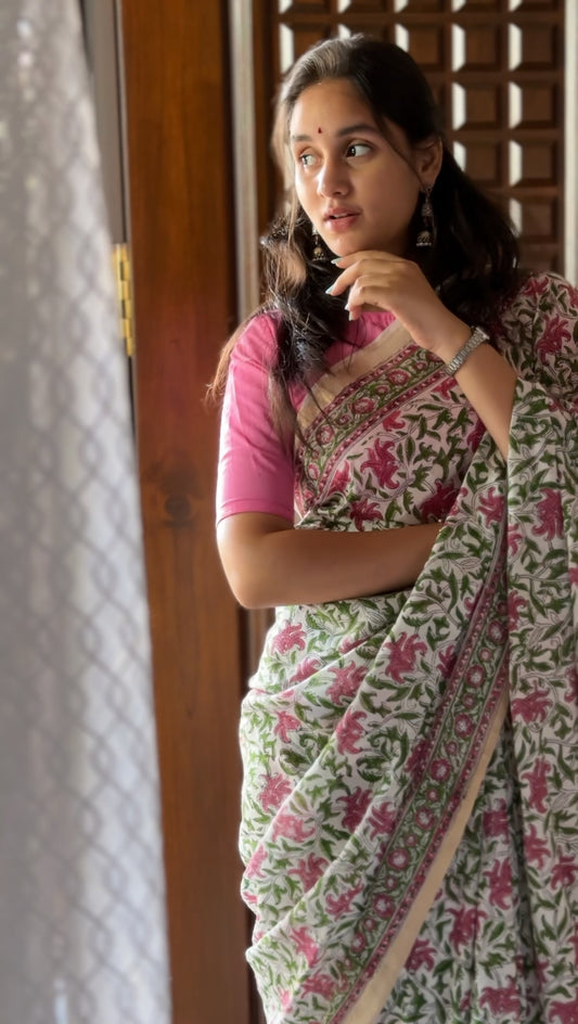 Linen cotton hand block printed saree - Pink floral