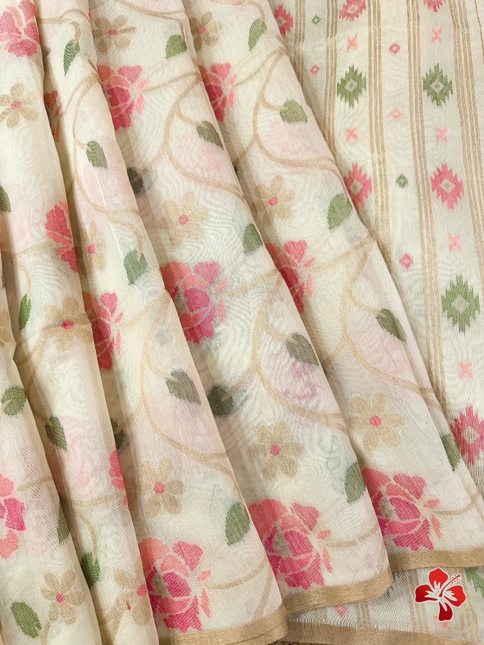 Jamdhani cotton saree with floral jaal resham and zari weavings