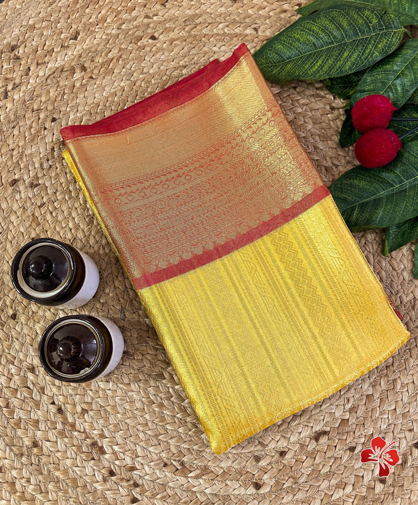 Banarasi tissue kanchi style yellow saree with contrast red border
