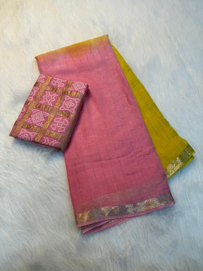Beautiful ombre shaded viscous georgette check saree with bandhini blouse