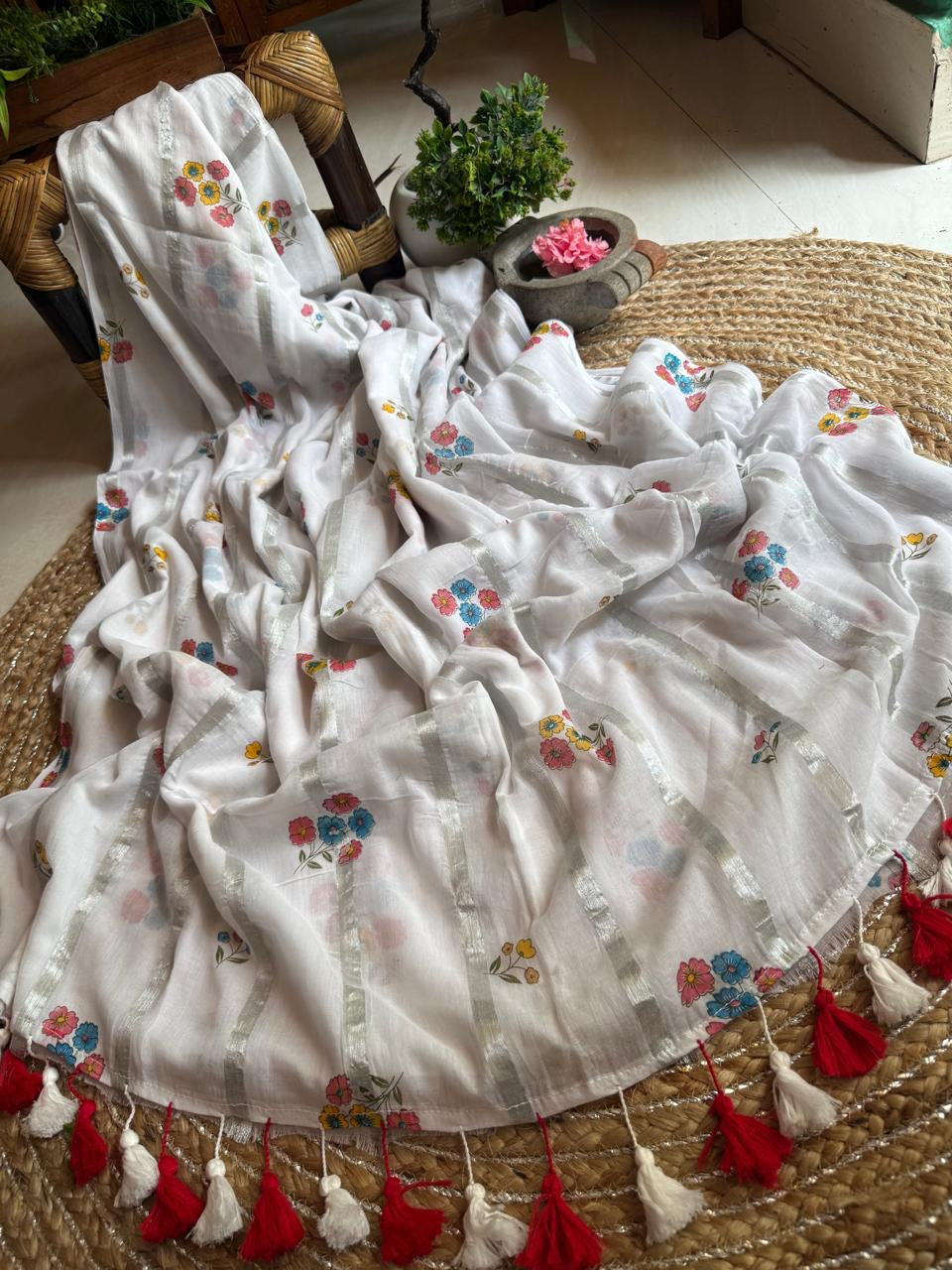Pure mul cotton saree with cute prints and silver zari stripes