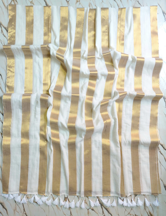 Pure authentic mul cotton saree with zari stripes all over