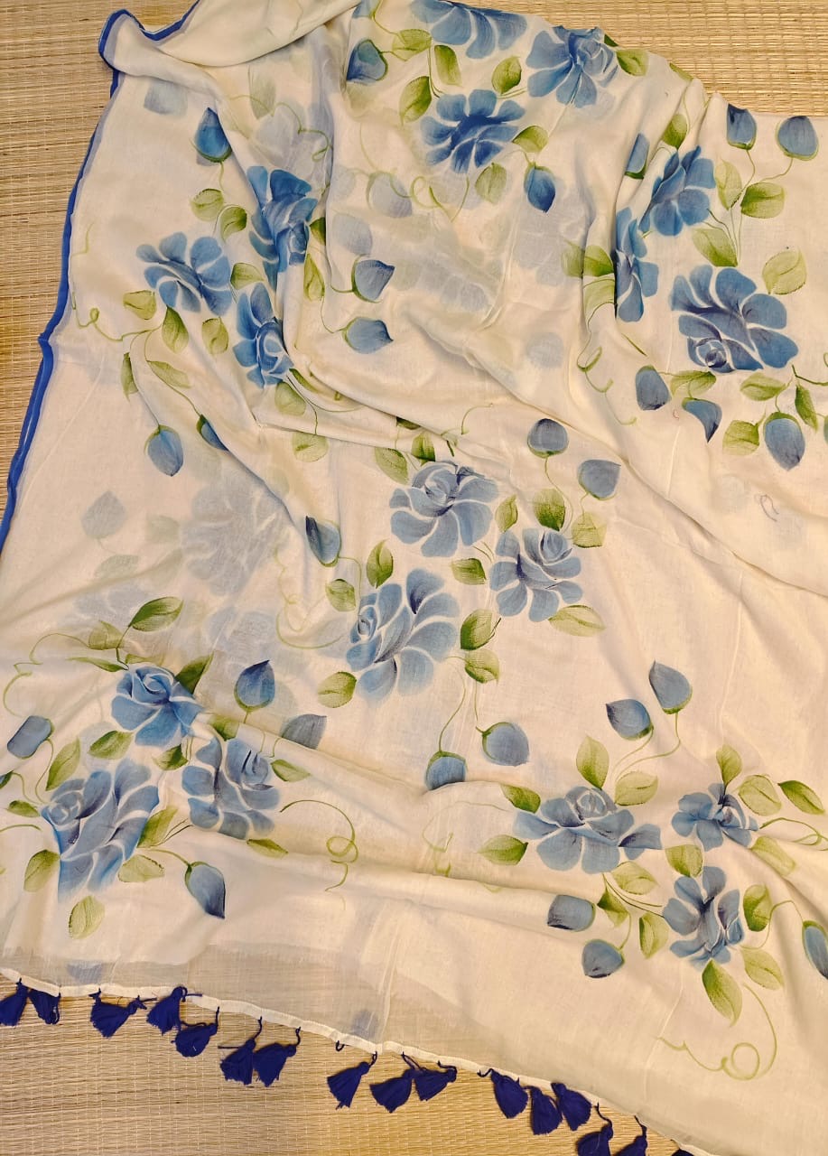Pure mul cotton handpainted saree - Blue Roses