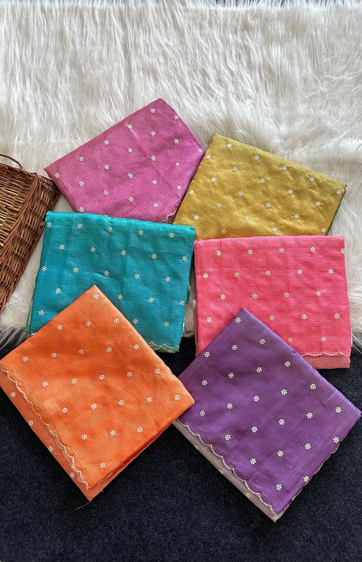 Beautiful kota doria saree with white buti weaving and scalloped border