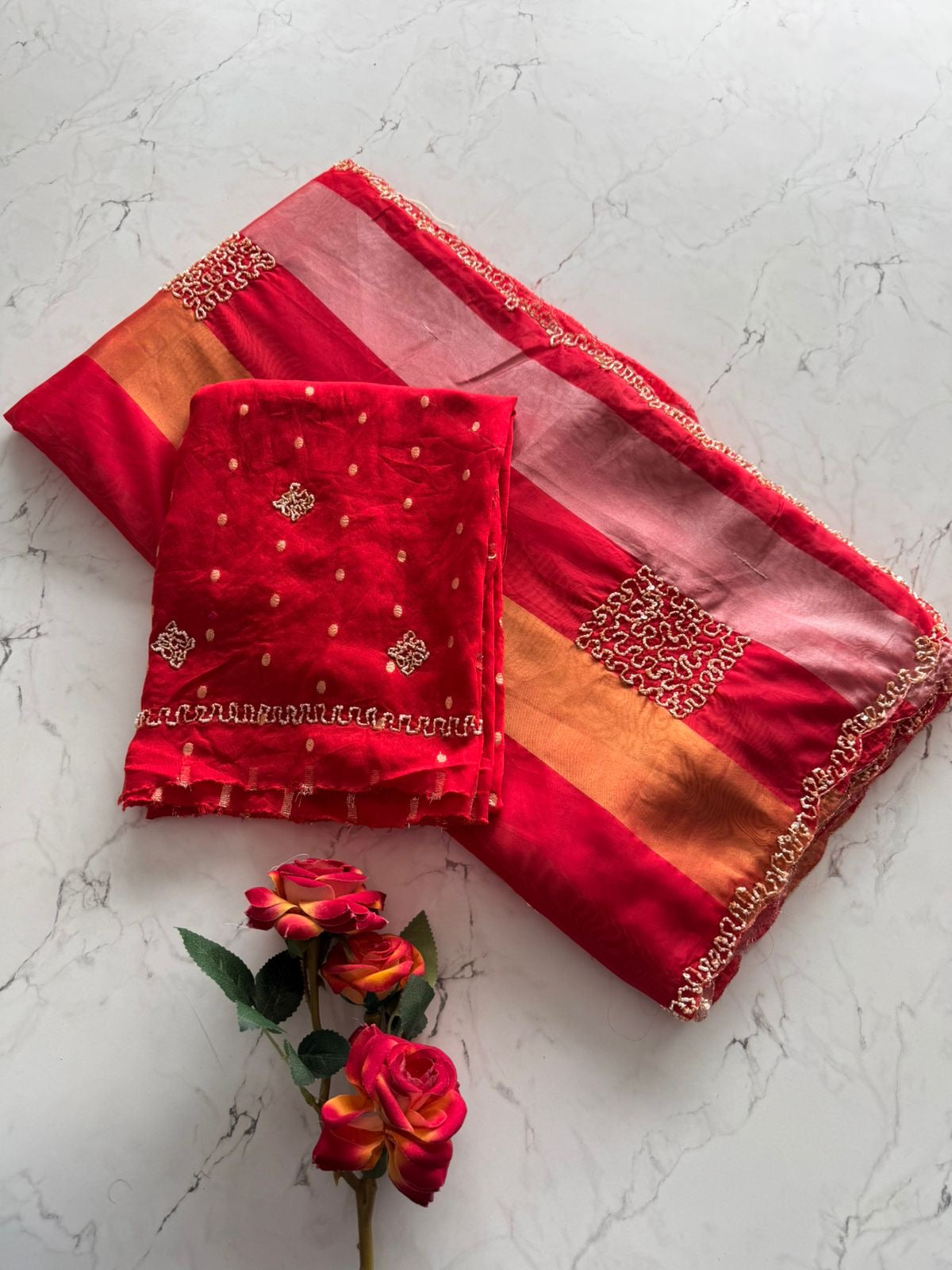 Beautiful viscose organza saree with khatli handwork and scalloped border