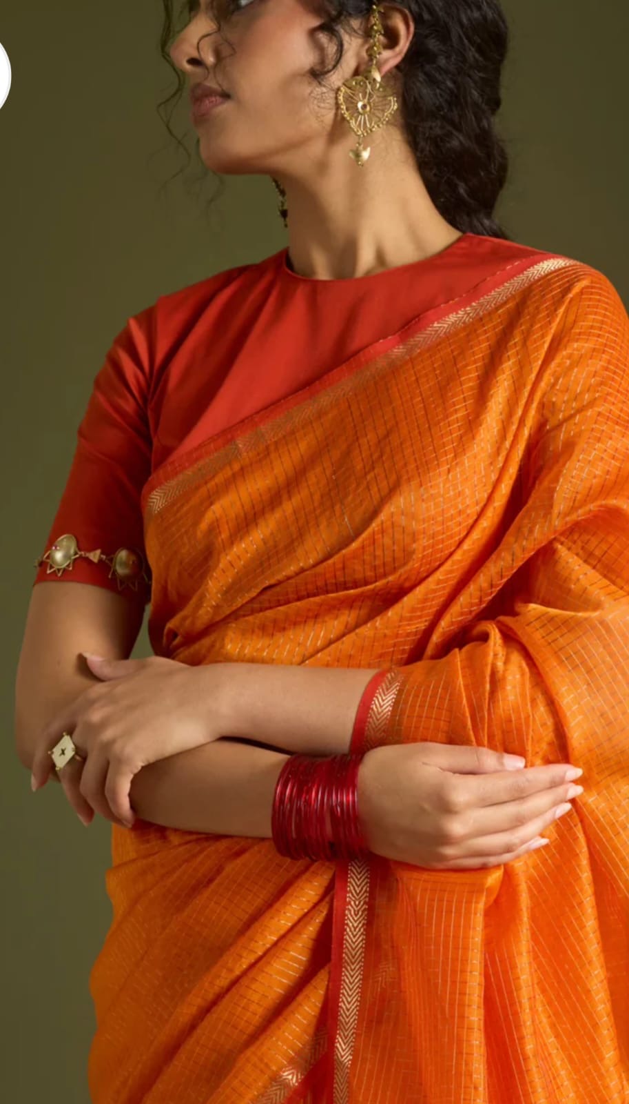 Prebooking - Pure Maheshwari silk cotton saree with zari checks and small border - orange
