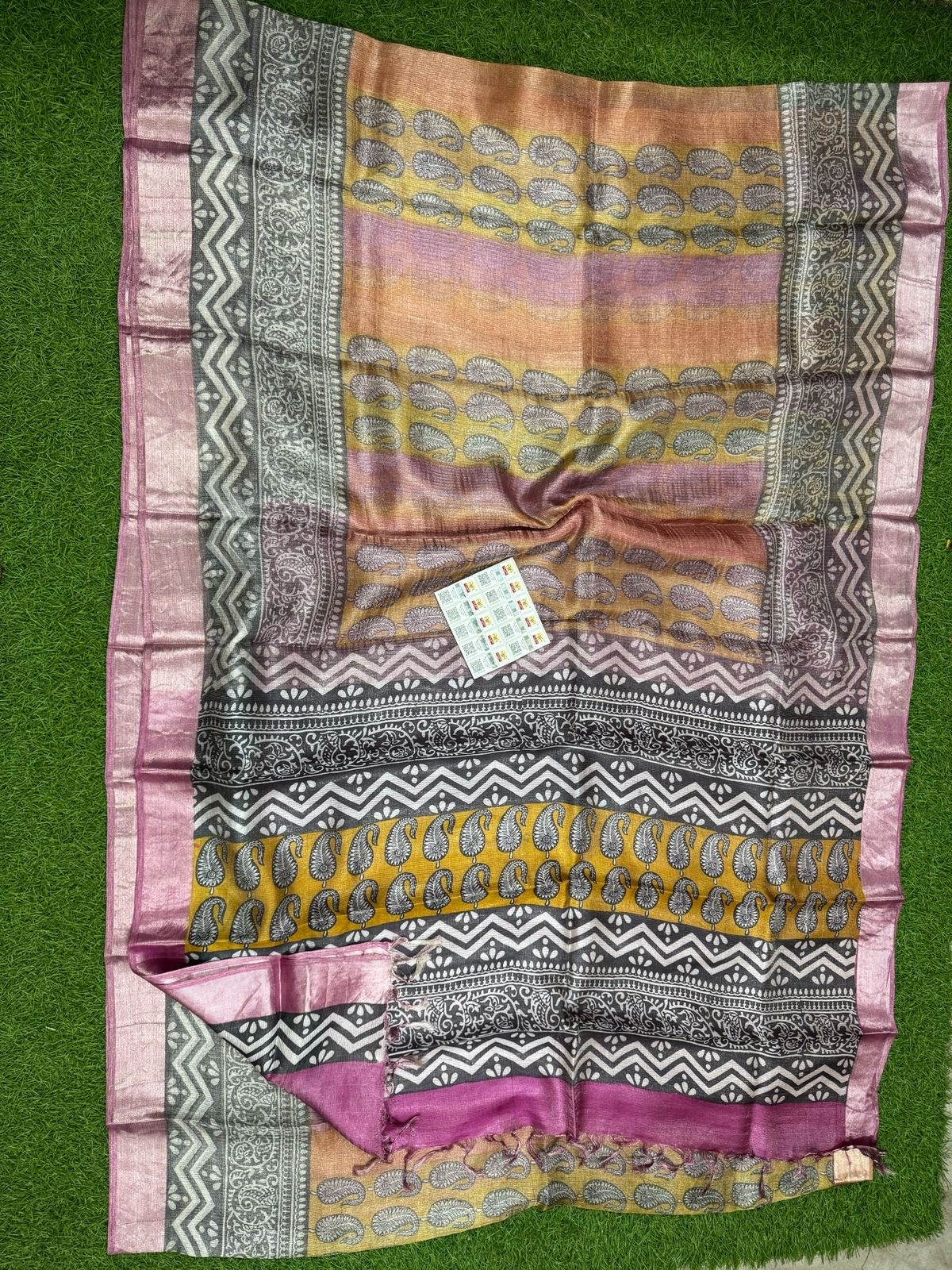 Beautiful soft tussar tissue printed silk saree (Prebooking)