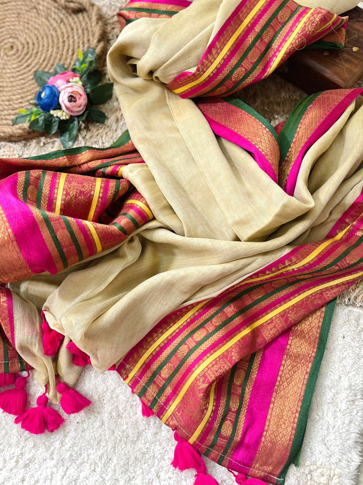 Premium pure mul cotton saree with pink tassels and jacquard border