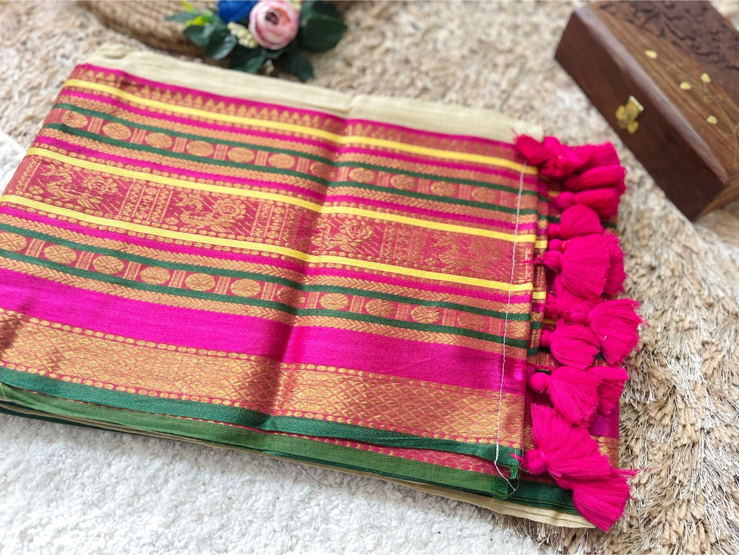 Premium pure mul cotton saree with pink tassels and jacquard border