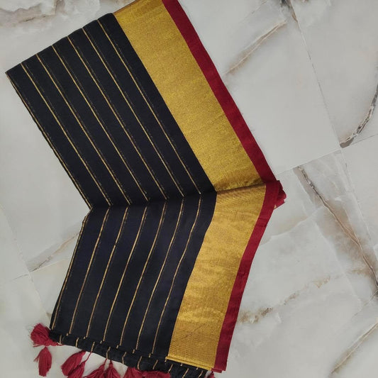 Onam collections! Pure mul cotton with zari stripes body and beautiful tassels - black
