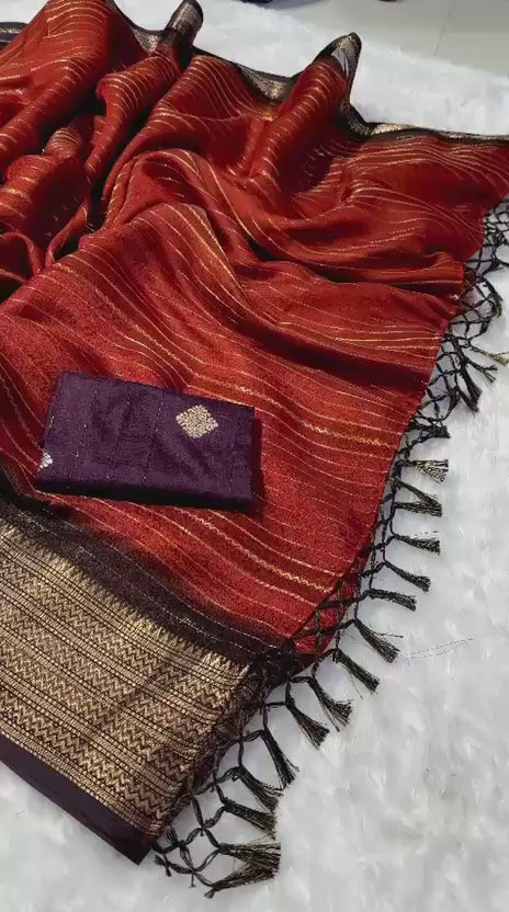 Beautiful semi dola silk saree in rust orange and brown
