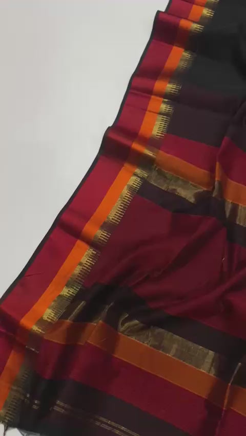 Pure Handloom Maheshwari silk cotton saree with multi resham border - black