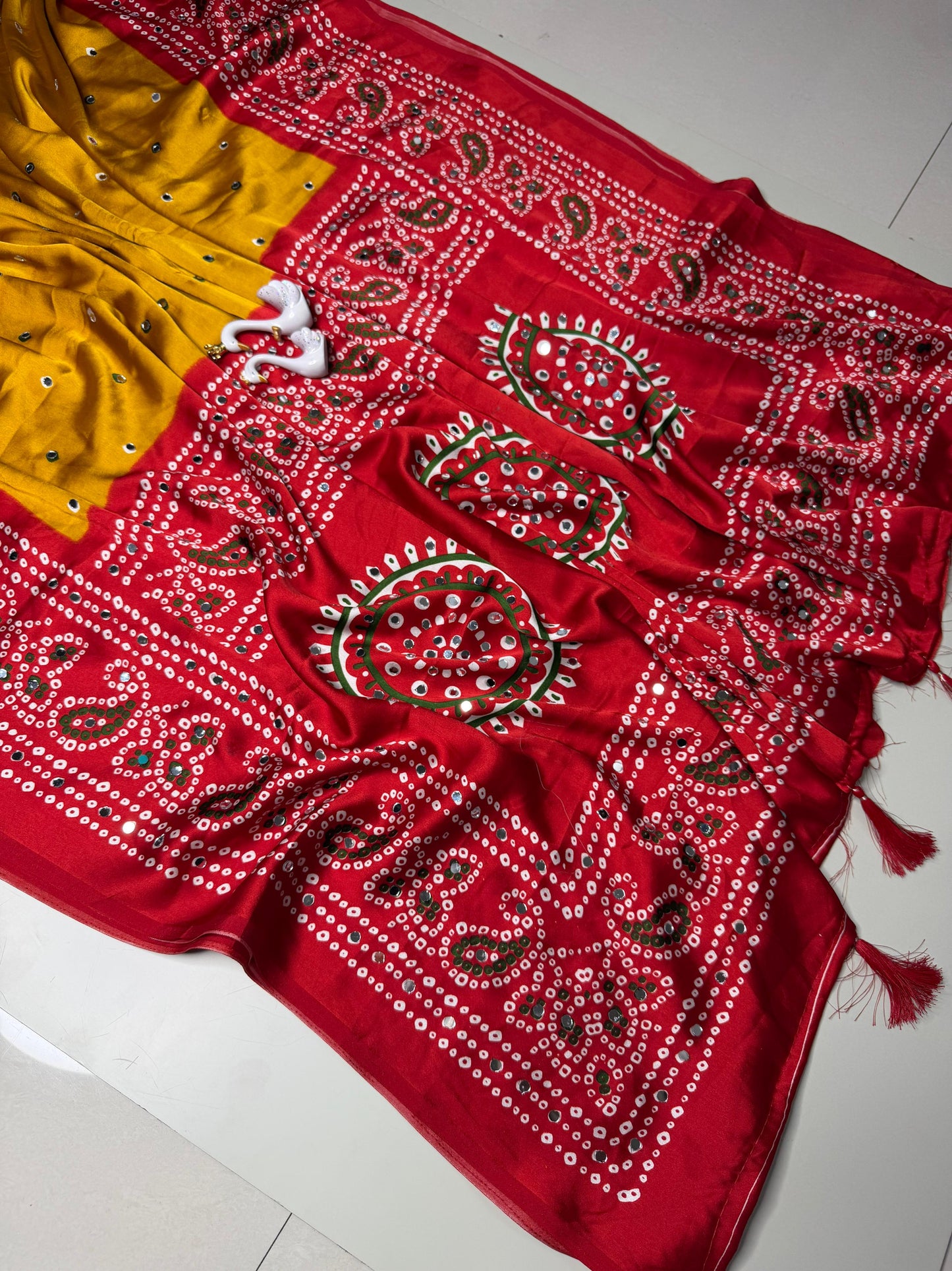Soft semi satin crape silk saree with mirror work - yellow red