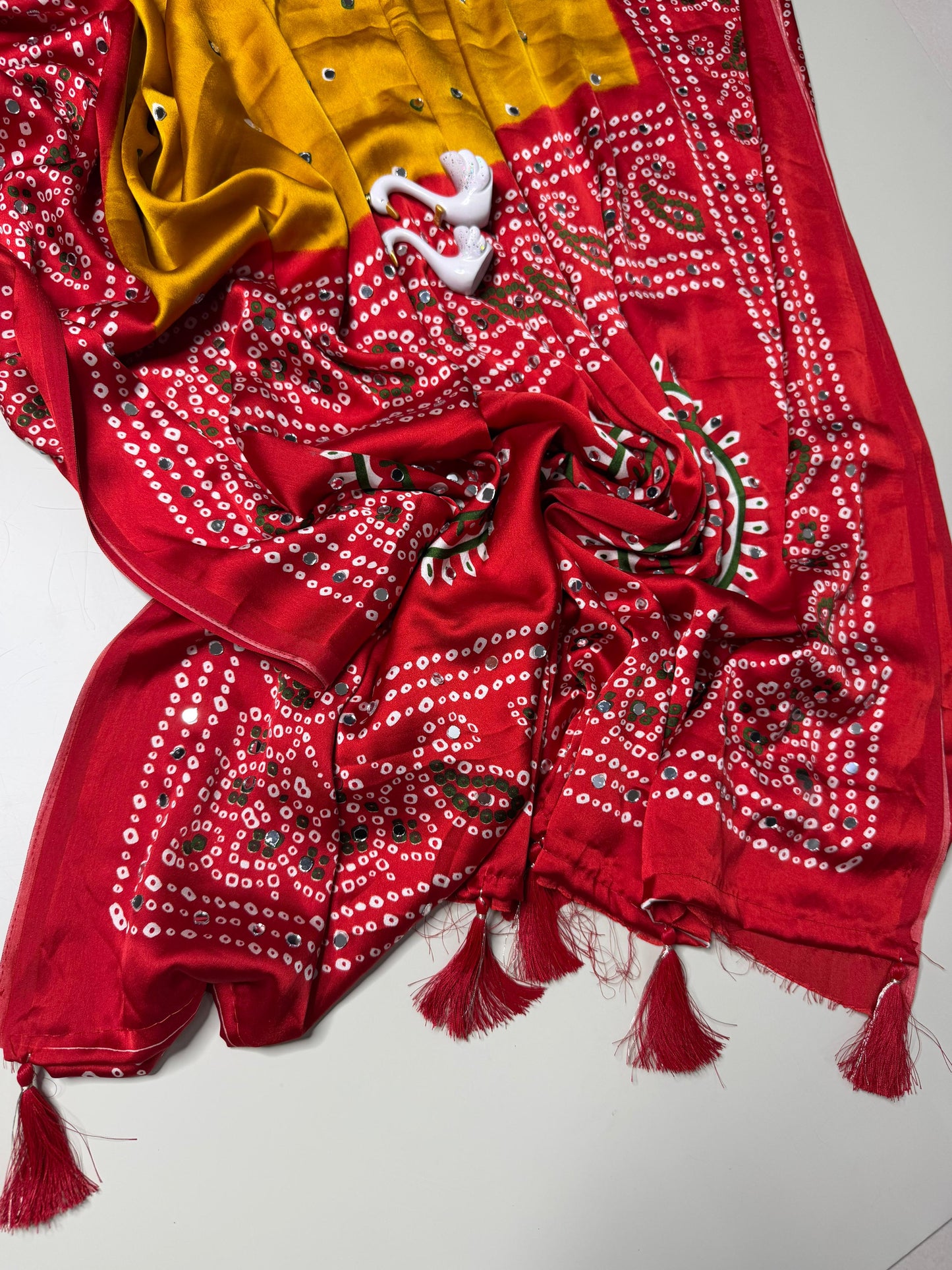 Soft semi satin crape silk saree with mirror work - yellow red