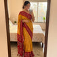 Soft semi satin crape silk saree with mirror work - yellow red