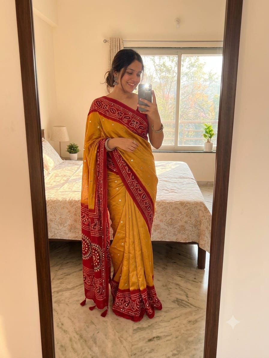 Soft semi satin crape silk saree with mirror work - yellow red