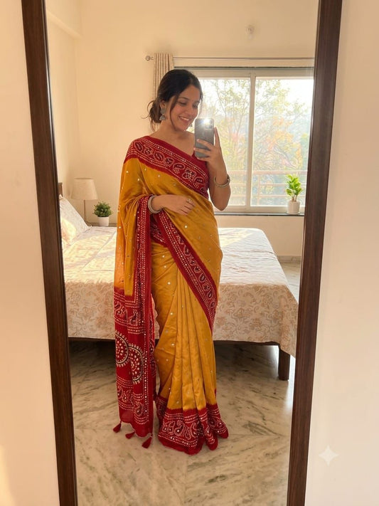 Soft semi satin crape silk saree with mirror work - yellow red