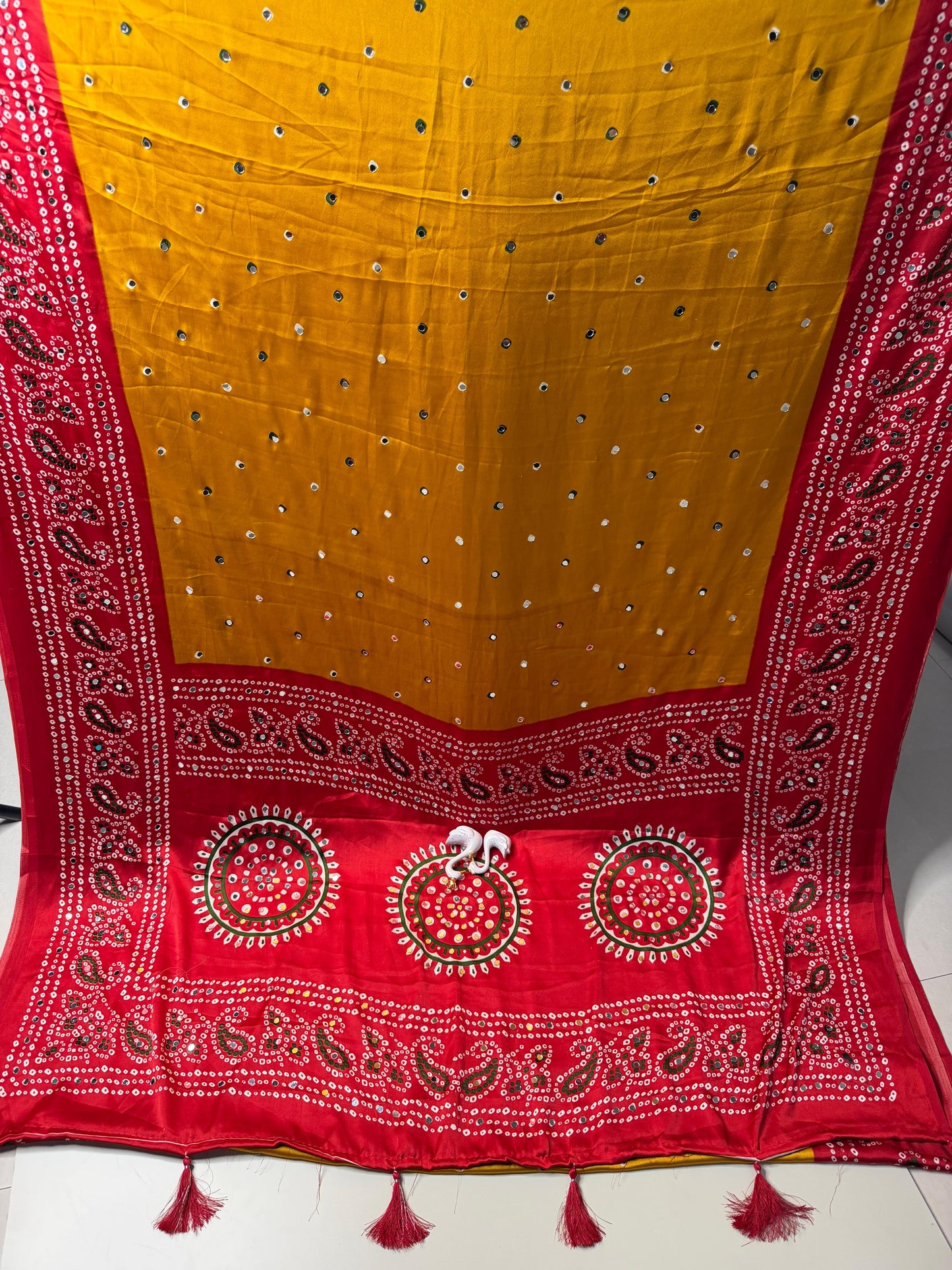 Soft semi satin crape silk saree with mirror work - yellow red
