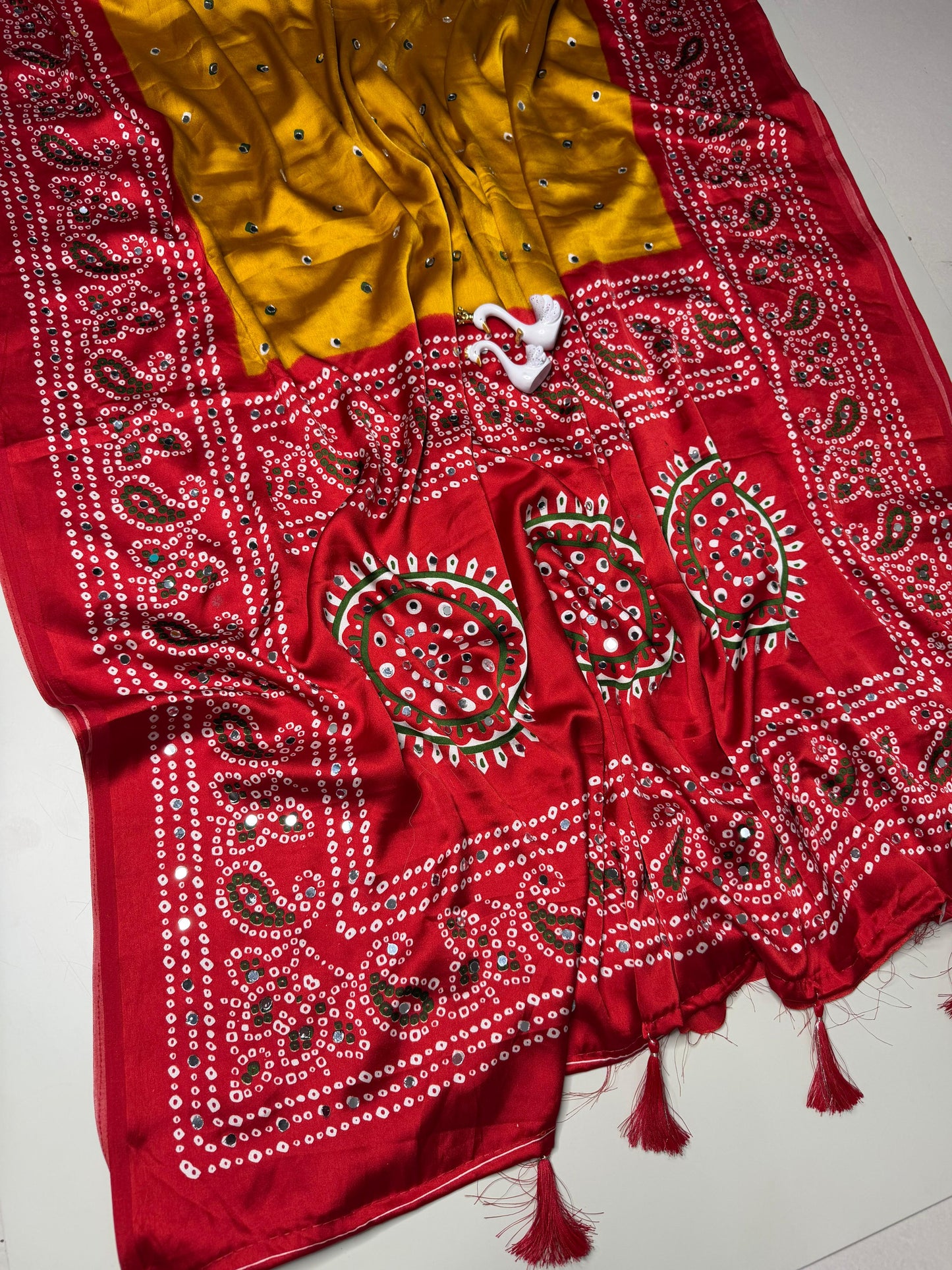 Soft semi satin crape silk saree with mirror work - yellow red