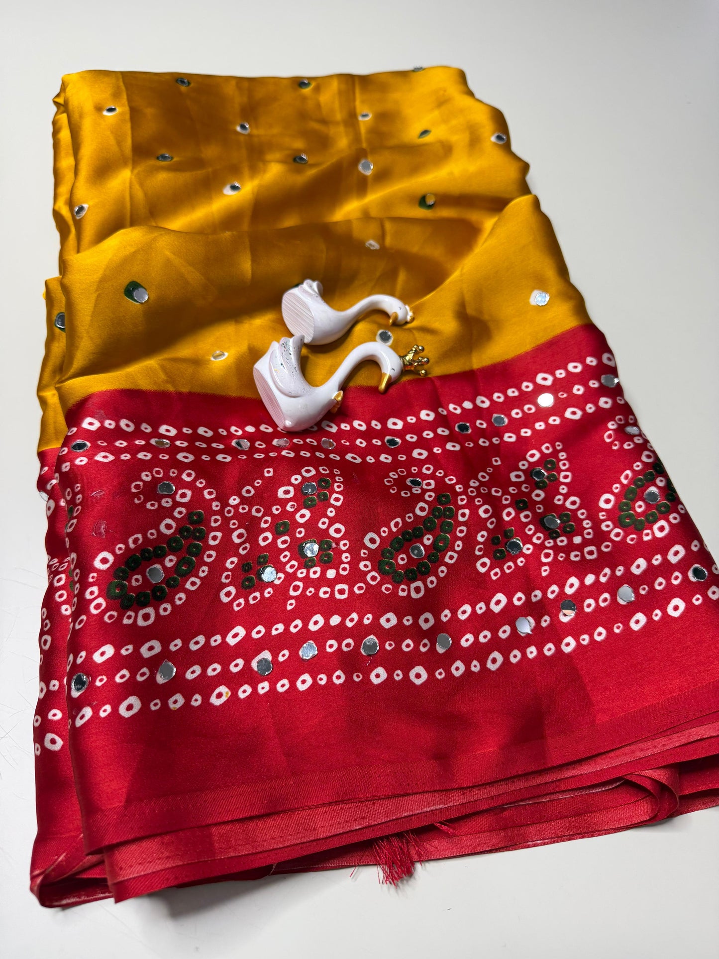 Soft semi satin crape silk saree with mirror work - yellow red